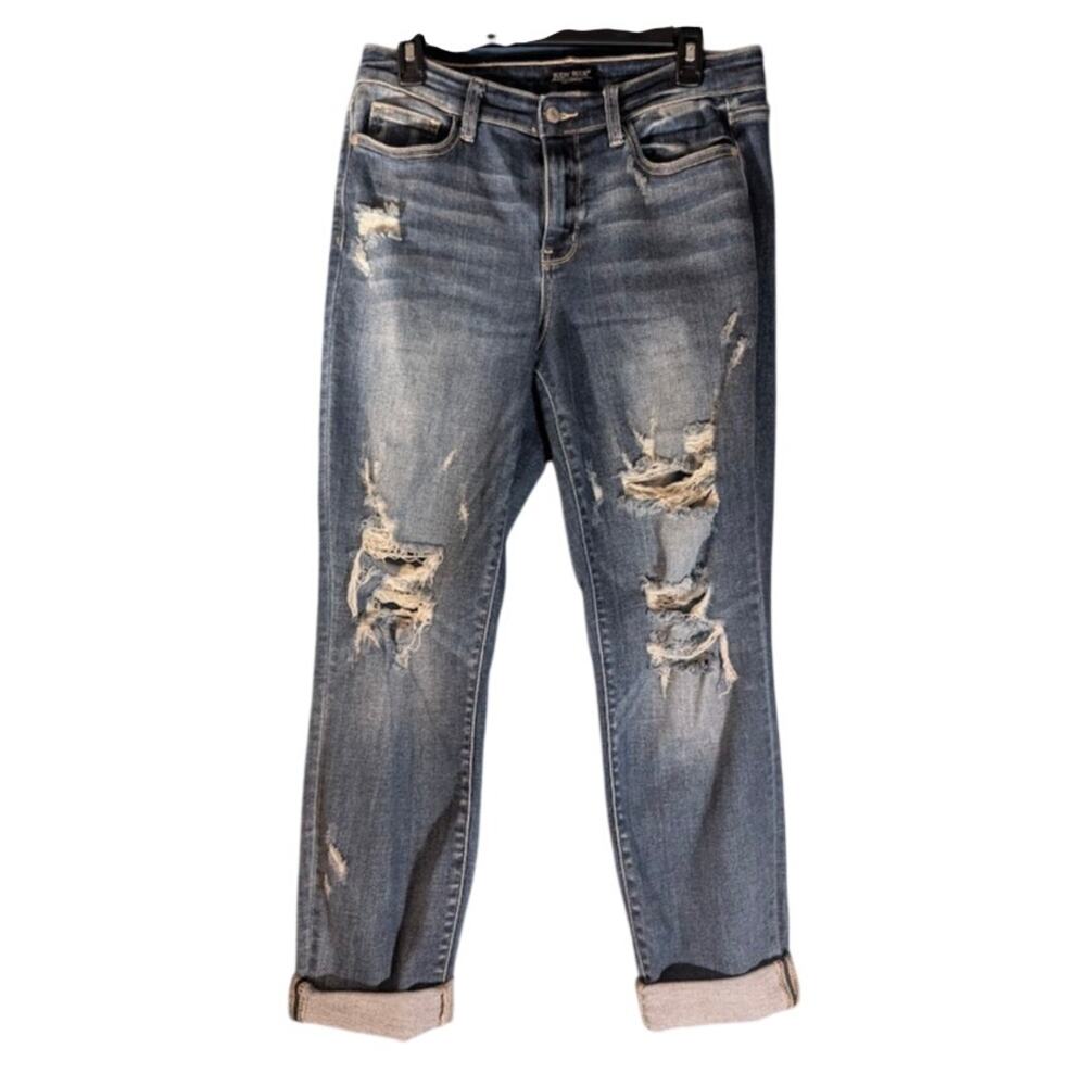 Judy Blue Womens Berkeley Boyfriend Cuffed Jeans Retro Distressed Ripped 9/29